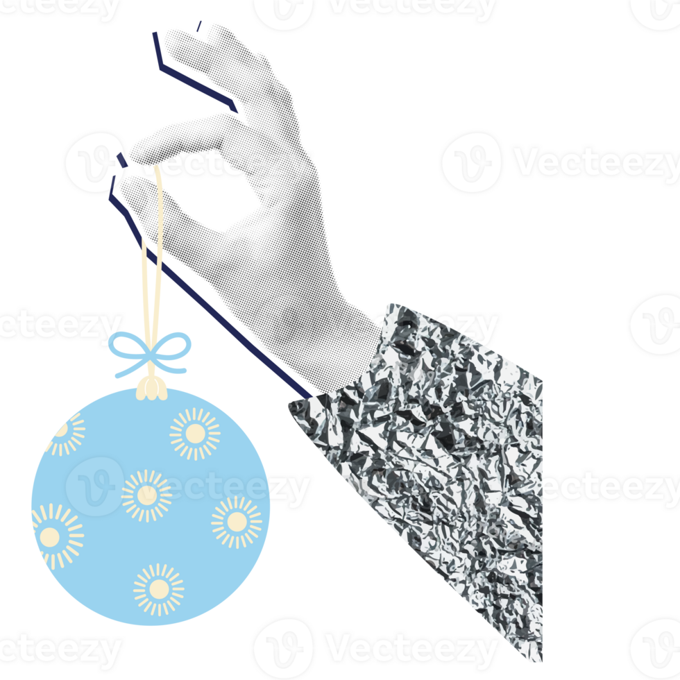 Vintage halftone hand in glitter silver with Christmas ball png