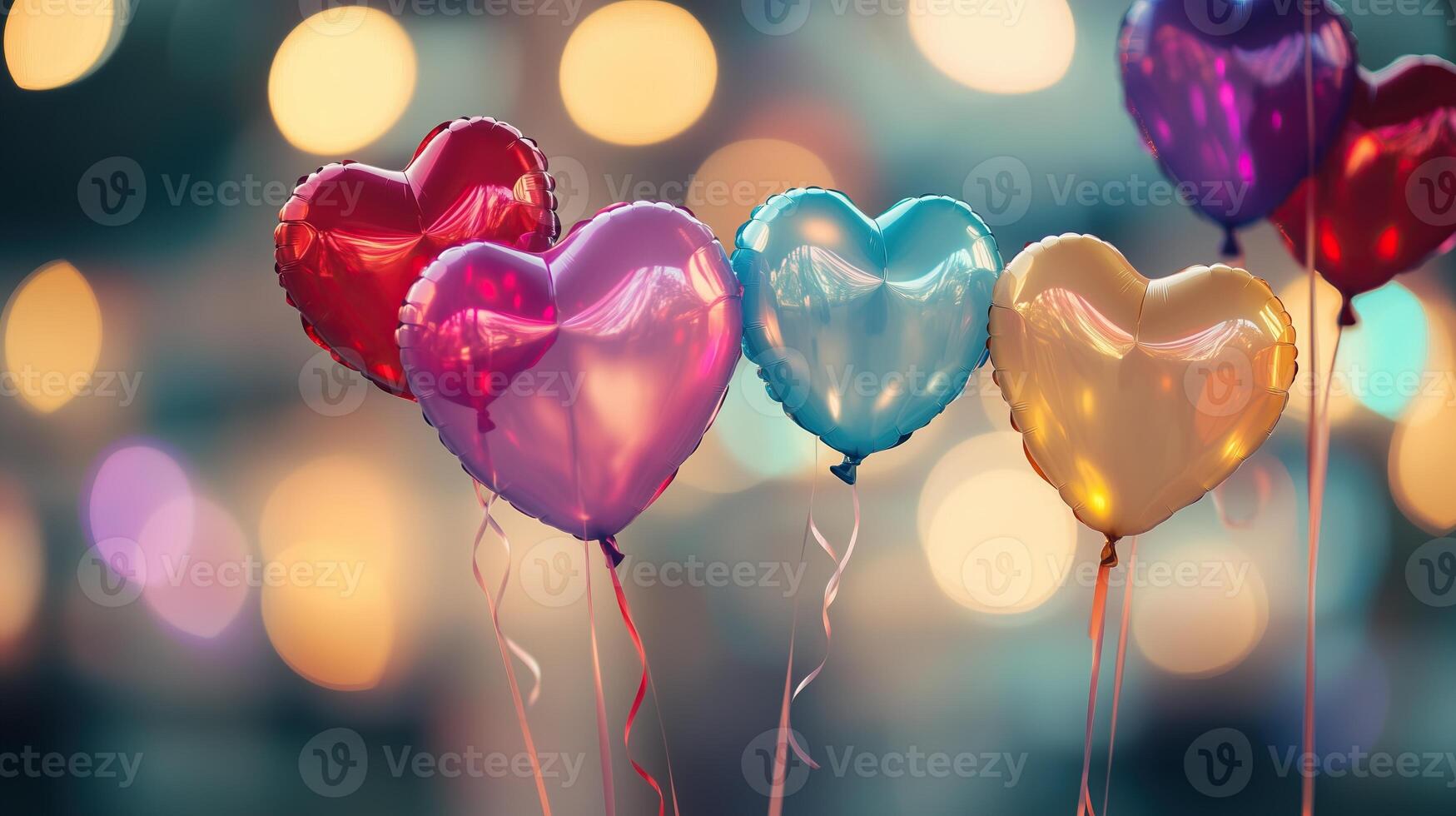 Heart-shaped colorful balloons with bokeh background photo