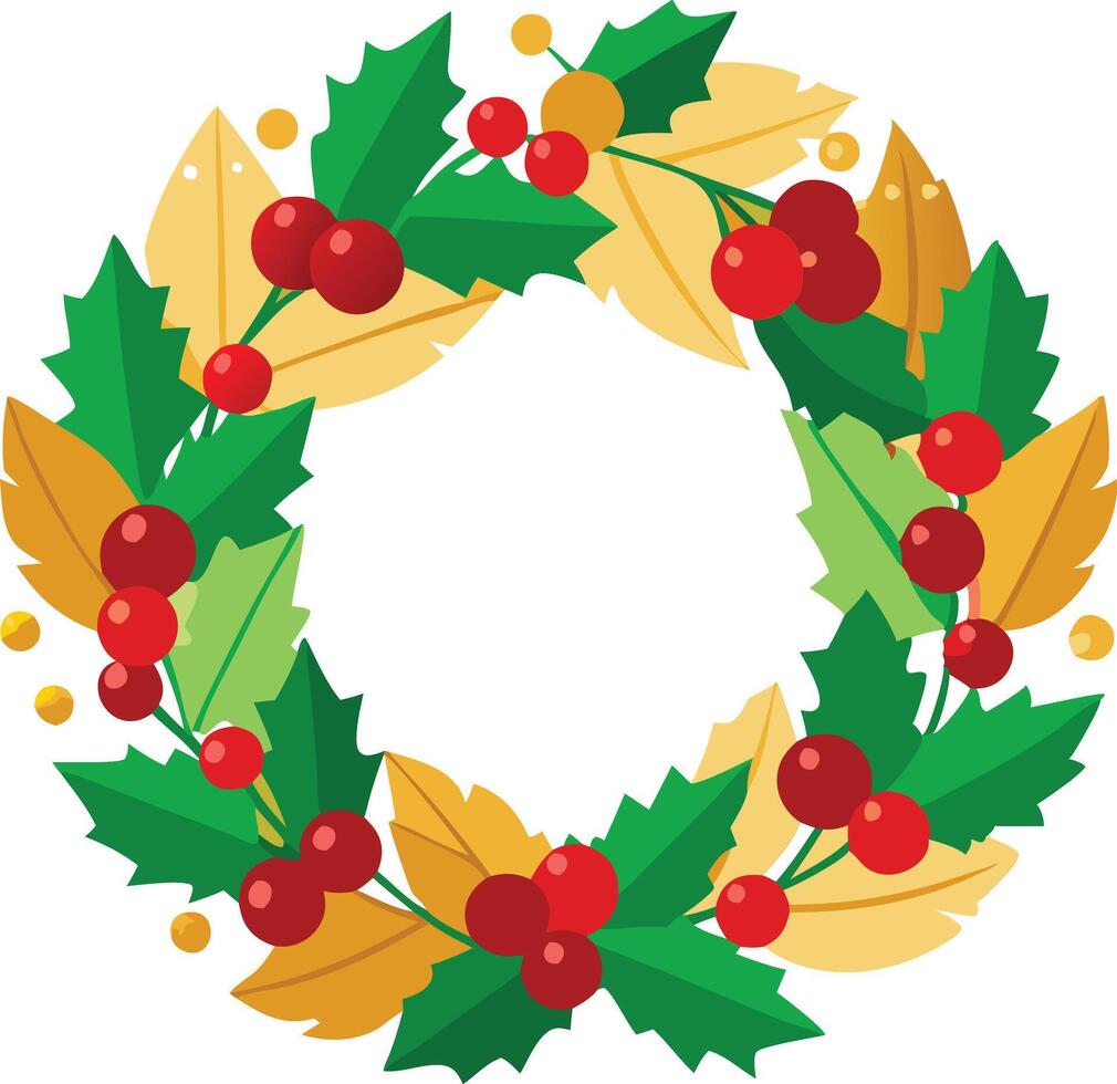 Festive holiday wreath decorated with red berries and poinsettias, symbolizing Christmas celebration, joy, and seasonal decoration. vector