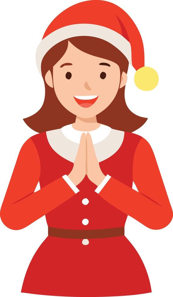 Woman dressed as Santa Claus with hands together, flat illustration for Christmas vector