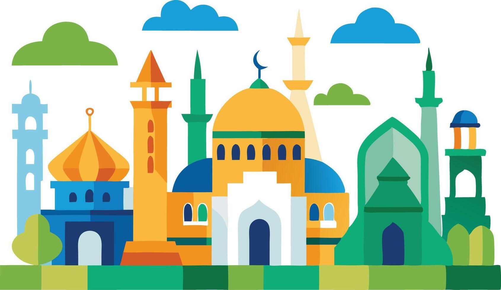 Colorful mosque with domes and minarets, symbolizing Islamic architecture, religion, and culture in a vibrant and artistic design. vector