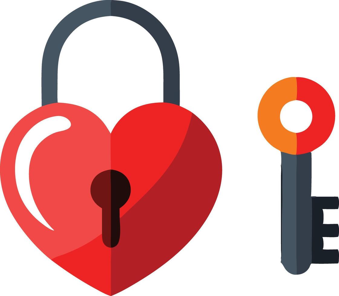 Heartshaped lock and key, flat illustration symbolizing love, trust, and security vector