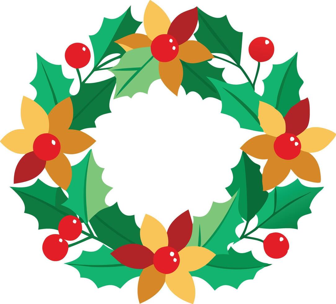 Colorful Christmas wreath adorned with flowers and berries, representing holiday decor, festive celebration, and seasonal cheer in a vibrant design. vector