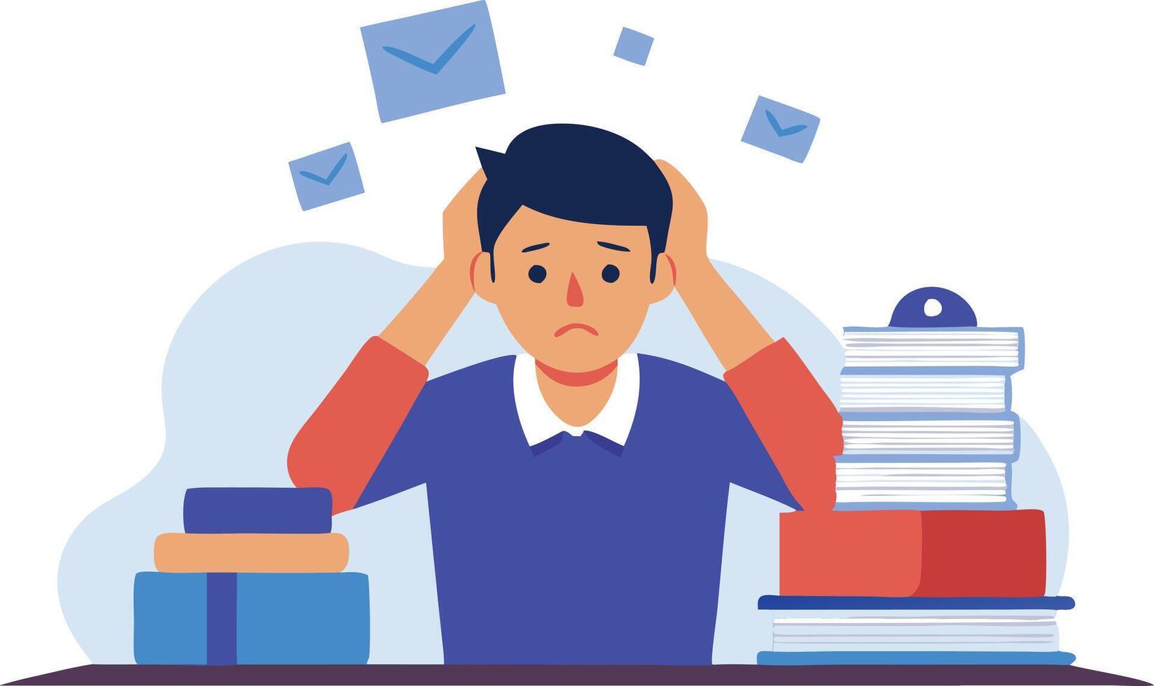 Stressed man overwhelmed by paperwork and emails, symbolizing work pressure, deadlines, and burnout in a modern business setting. vector