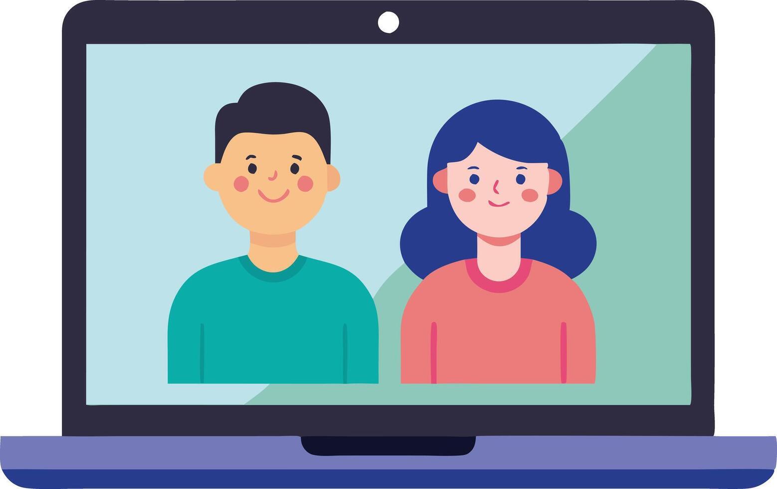 Cartoon couple smiling on laptop screen during call, simple flatstyle illustration vector