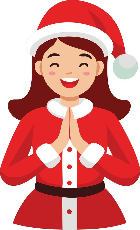 Woman dressed as Mrs. Claus with joyful expression, flat Christmas illustration vector