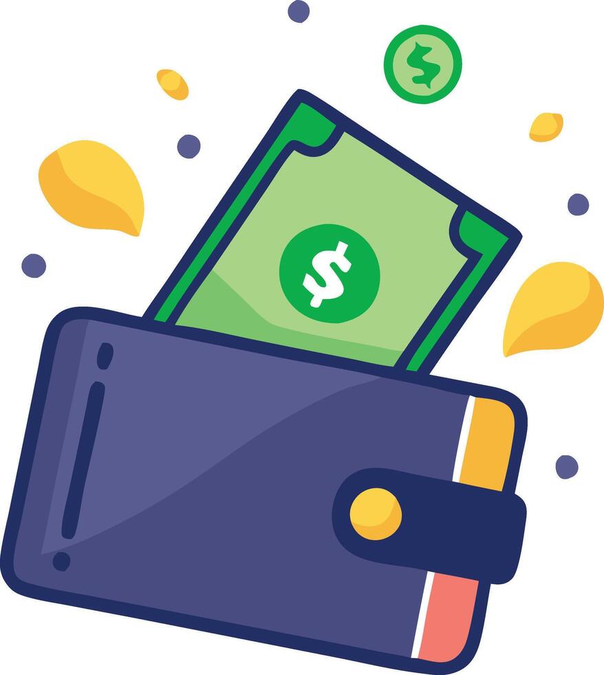 Wallet with cash and coins, symbolizing financial success, money management, and savings in a simple and colorful illustration. vector