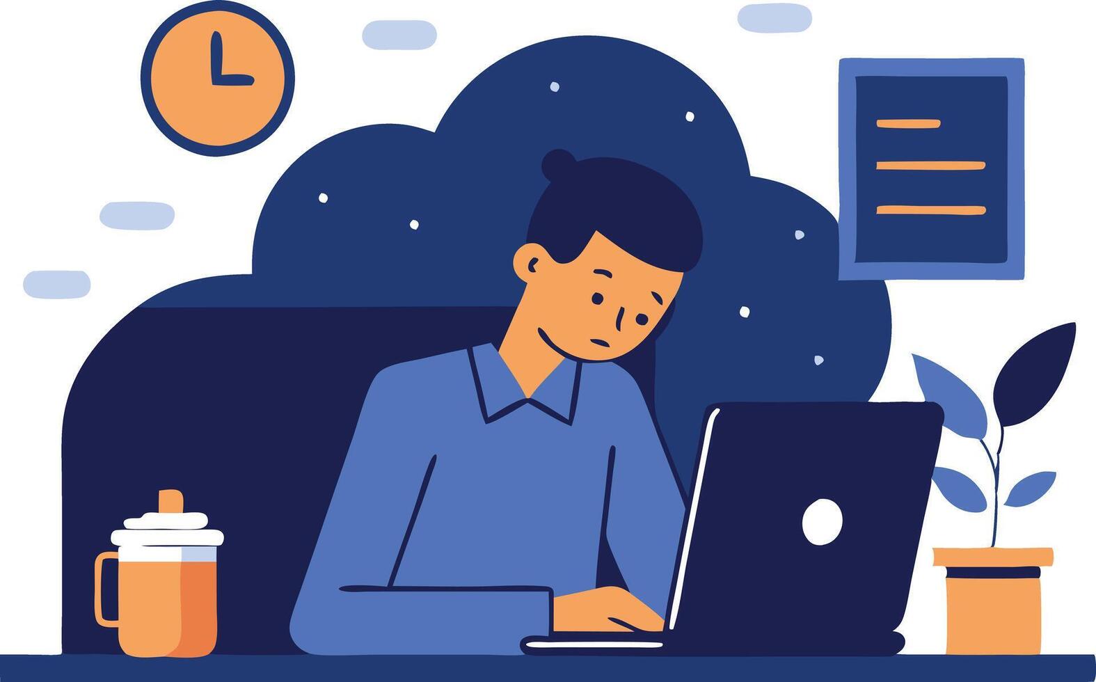 Tired employee working late at night with a laptop, symbolizing exhaustion, overtime, and worklife imbalance in a relatable office illustration. vector
