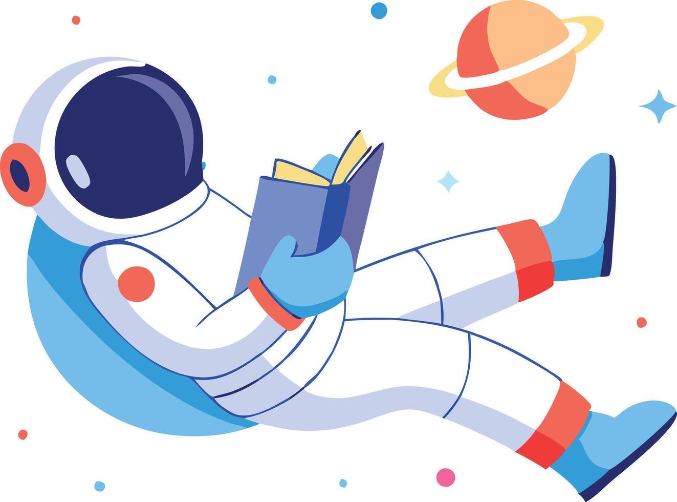 Astronaut reading a book in space, symbolizing curiosity, knowledge, and exploration in a creative and playful spacethemed illustration. vector