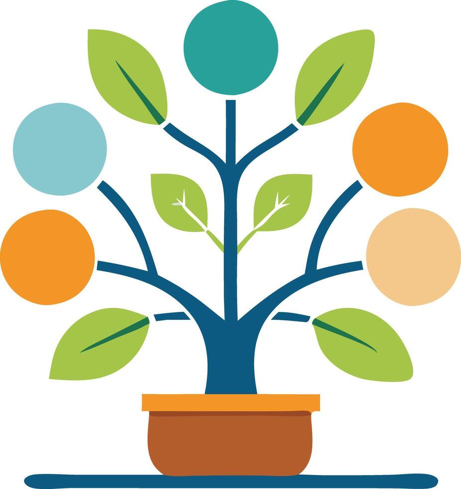 Tree with circular icons on branches, symbolizing growth, development, and organization in a clean and modern infographic design. vector