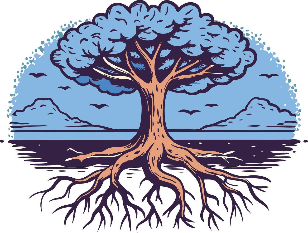 Stylized tree with deep roots, symbolizing strength, growth, and wisdom in a conceptual illustration with a focus on connection and stability. vector