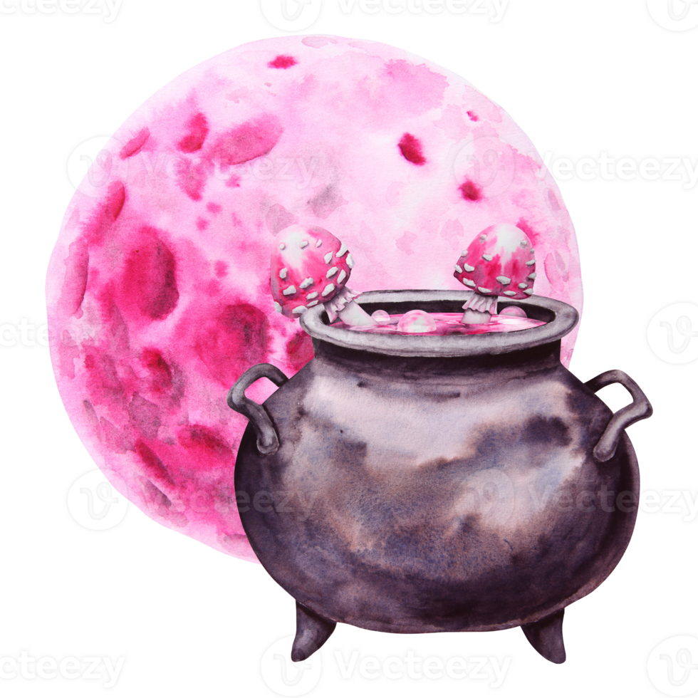 Halloween, witch sabbath clip art in gothic, vintage style. Pink full moon, back cast iron cauldron with pink potion, poisonous mushrooms, fly agaric. Watercolor handdrawn cutout isolated illustration png