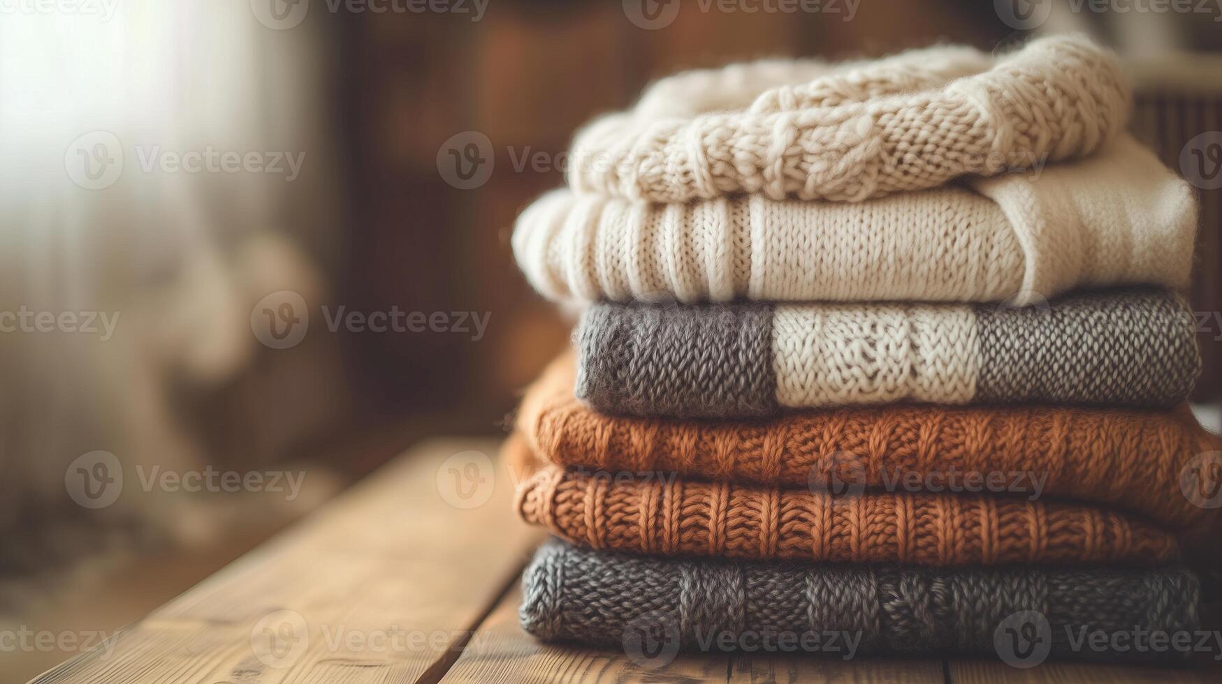 A stack of soft, warm sweaters is neatly arranged on a wooden table photo