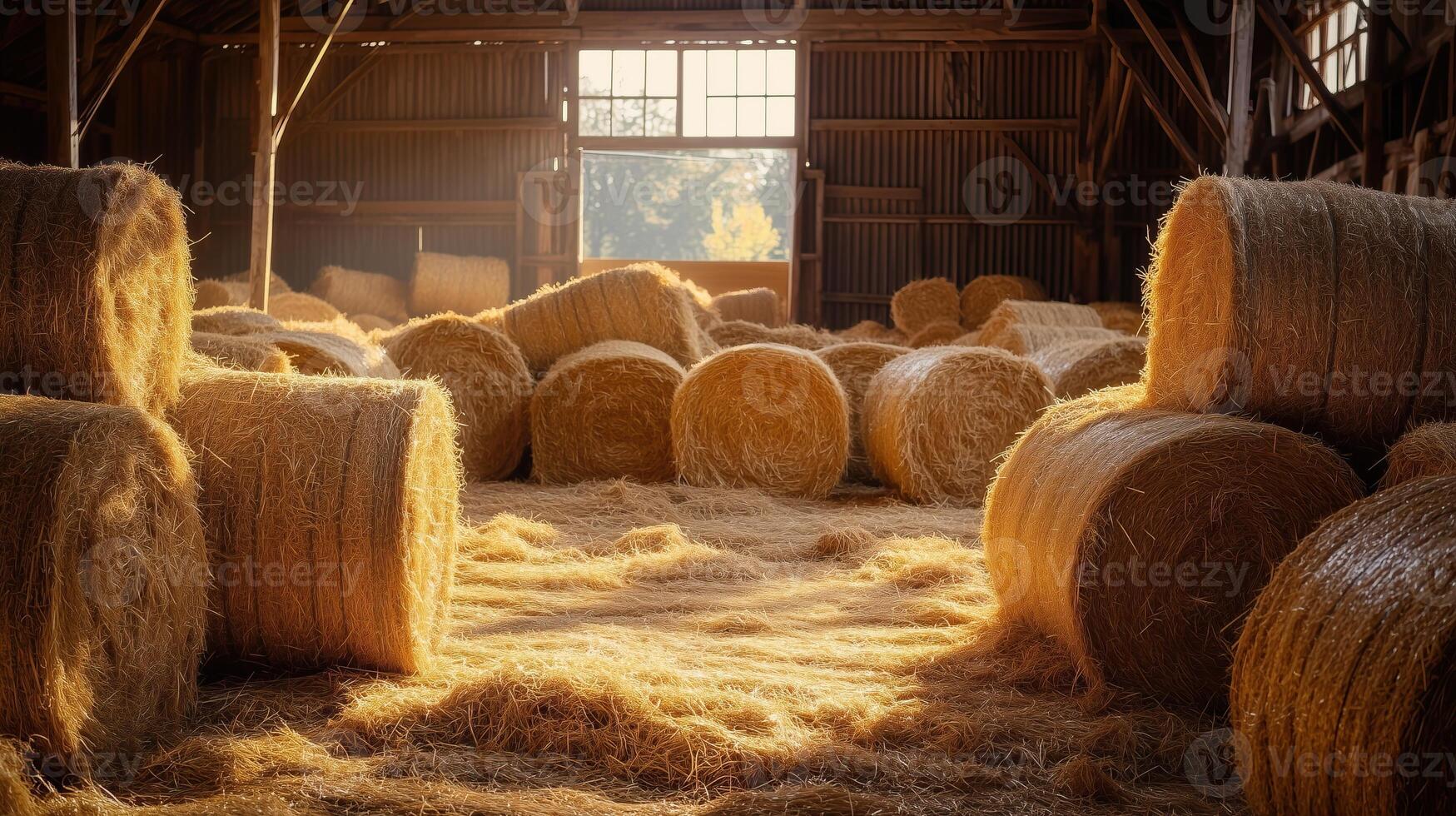 Golden hay bales are stacked inside a rustic barn with soft natural light photo