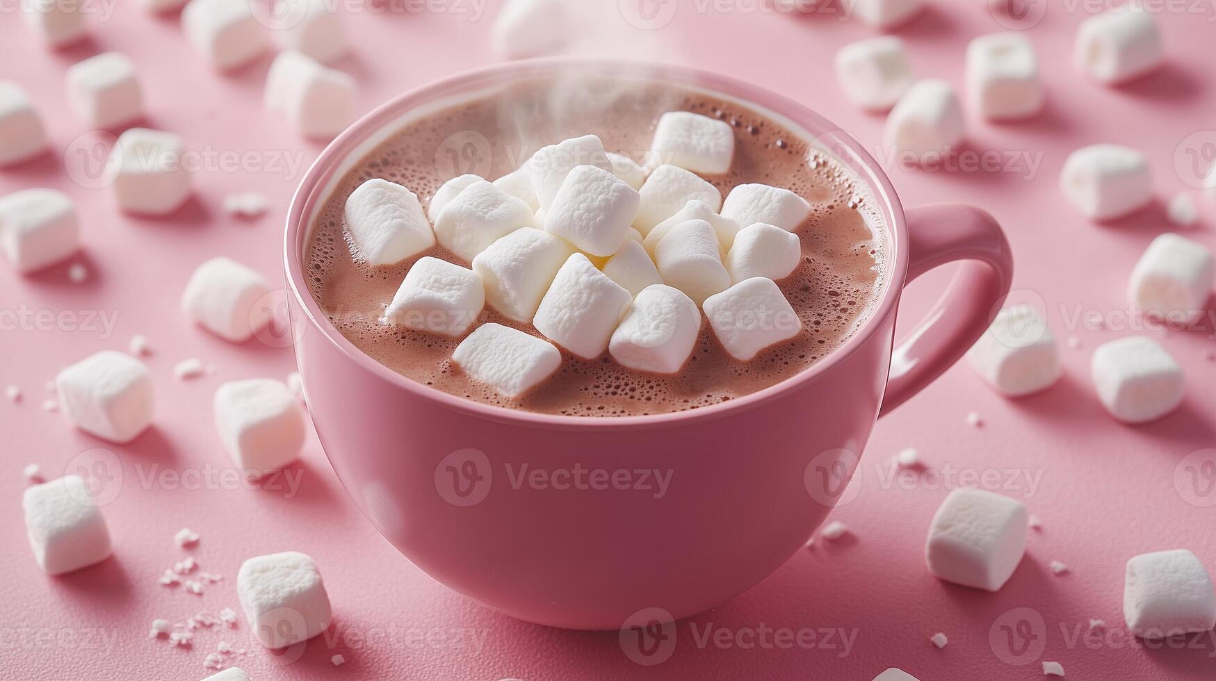 A steaming cup of hot cocoa filled with marshmallows rests on a pink surface photo