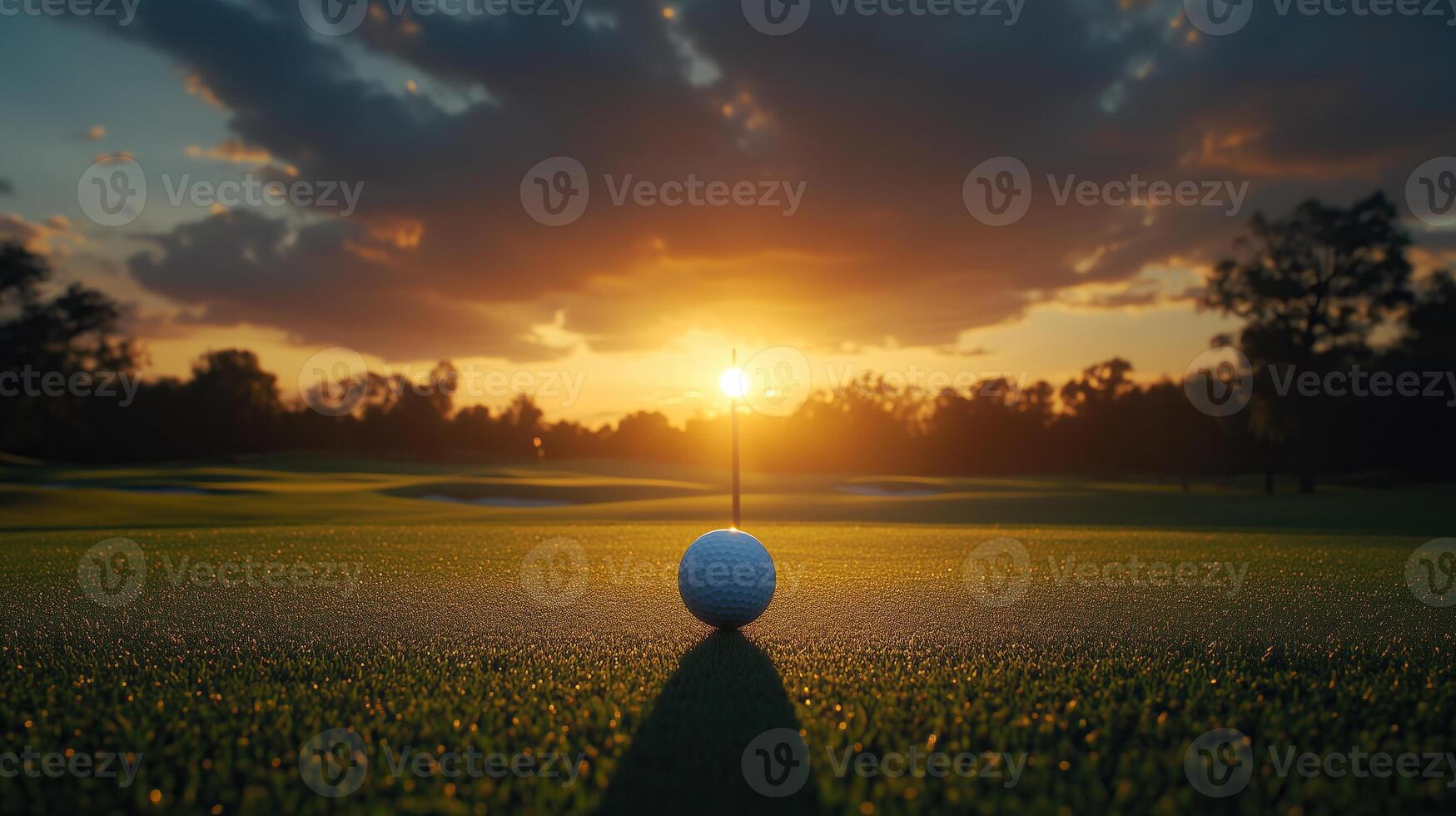 A golf ball rests on a tee as a vibrant sunset illuminates the green course photo