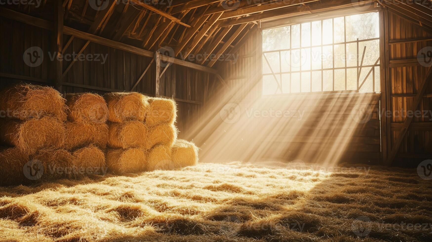 Golden hay bales are stacked inside a rustic barn with soft natural light photo