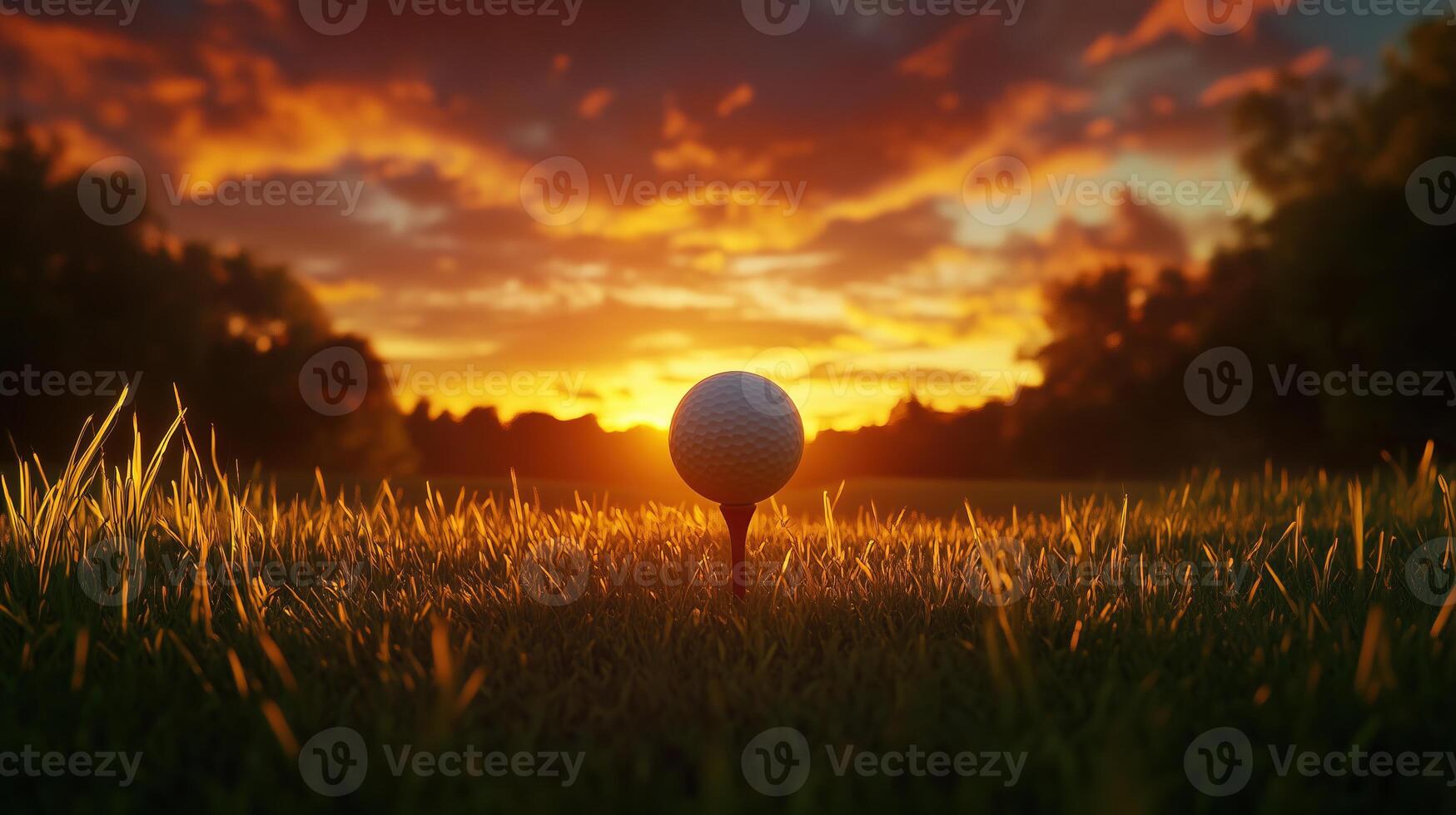 A golf ball rests on a tee as a vibrant sunset illuminates the green course photo