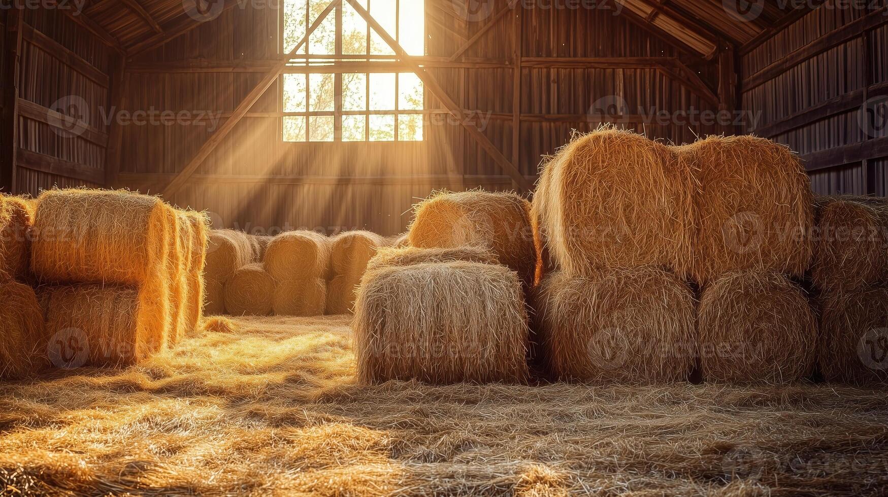 Golden hay bales are stacked inside a rustic barn with soft natural light photo