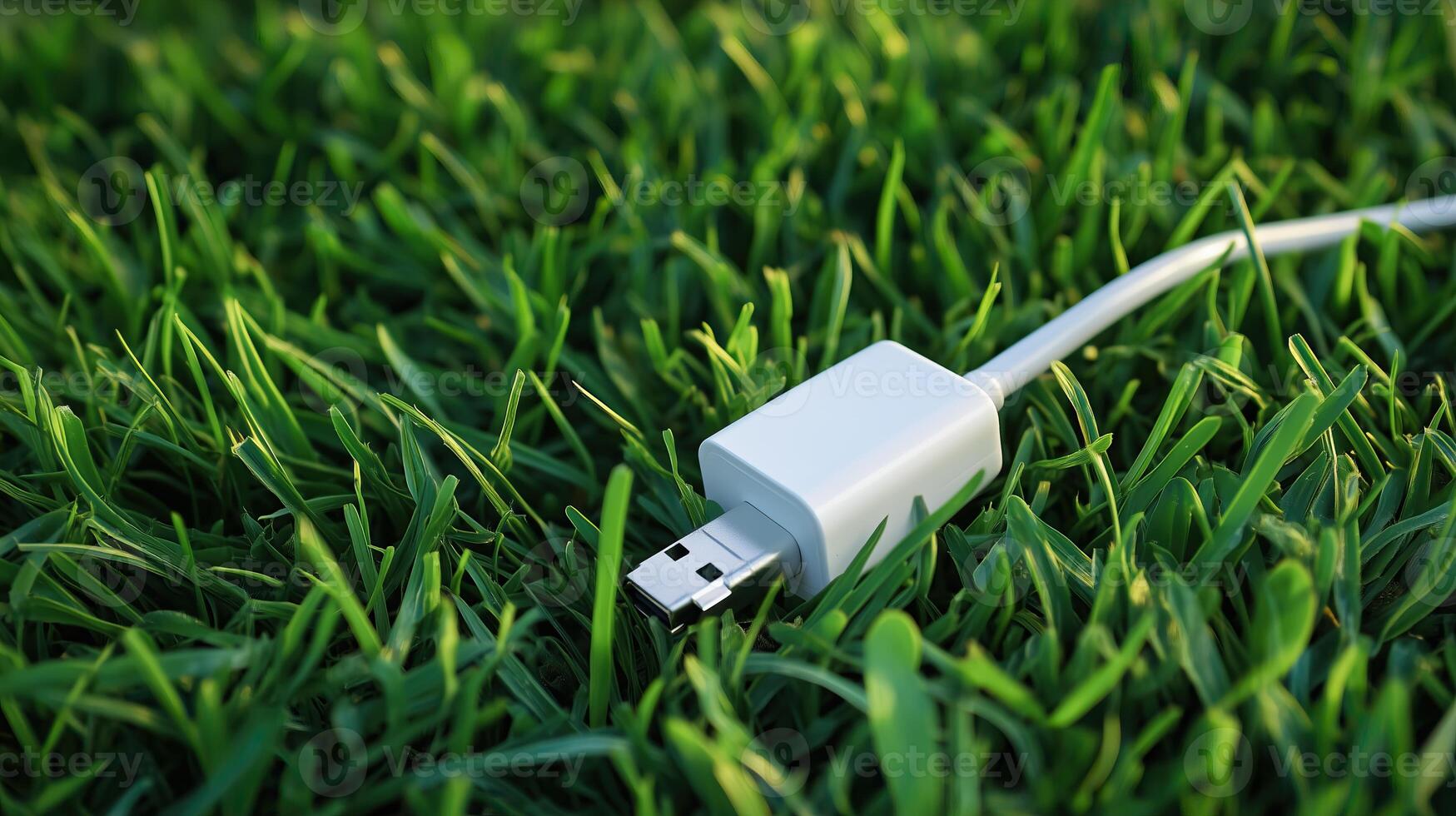 A white charging plug lying on green grass photo