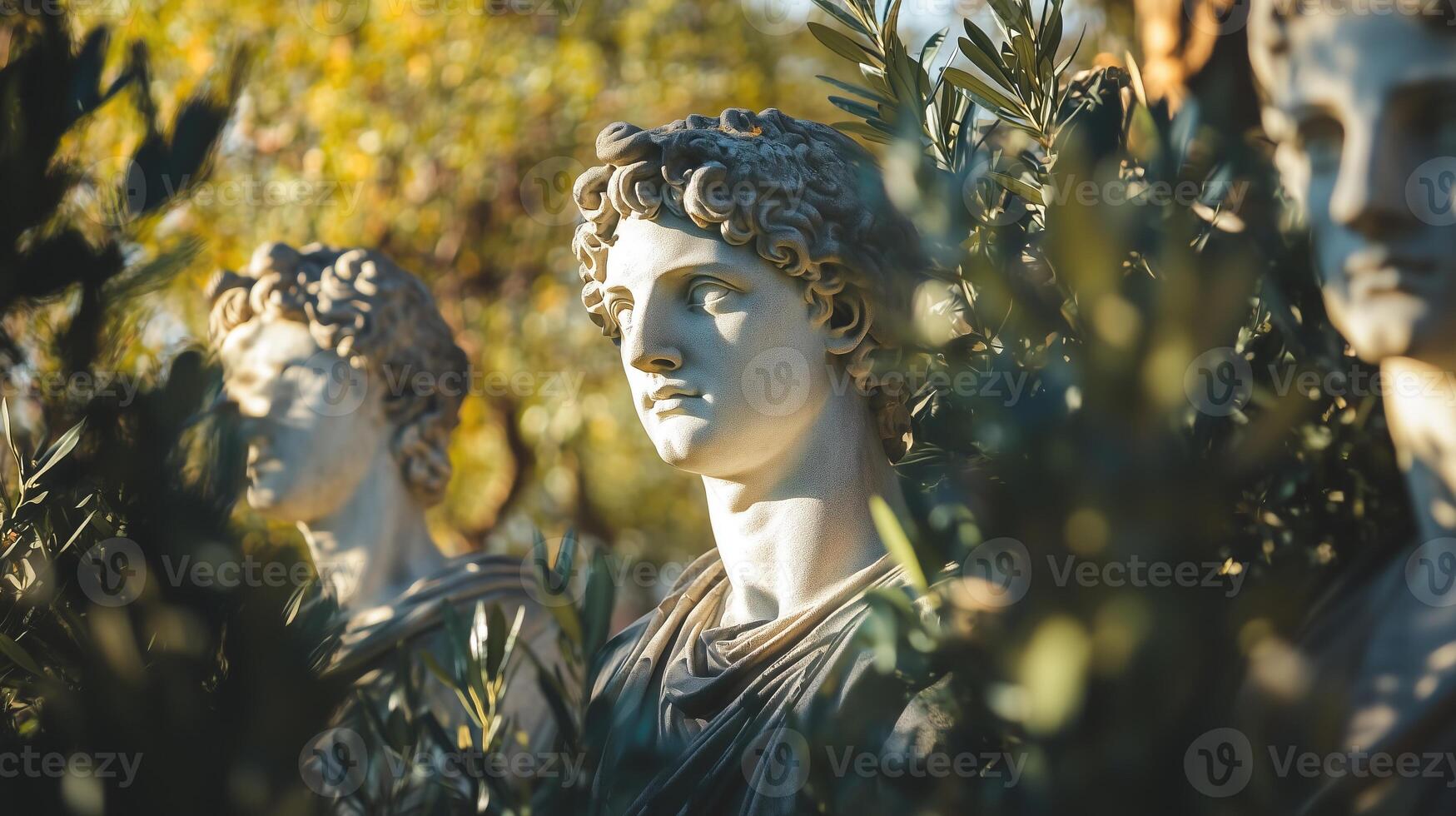 Classical sculptures surrounded by olive branches and foliage photo