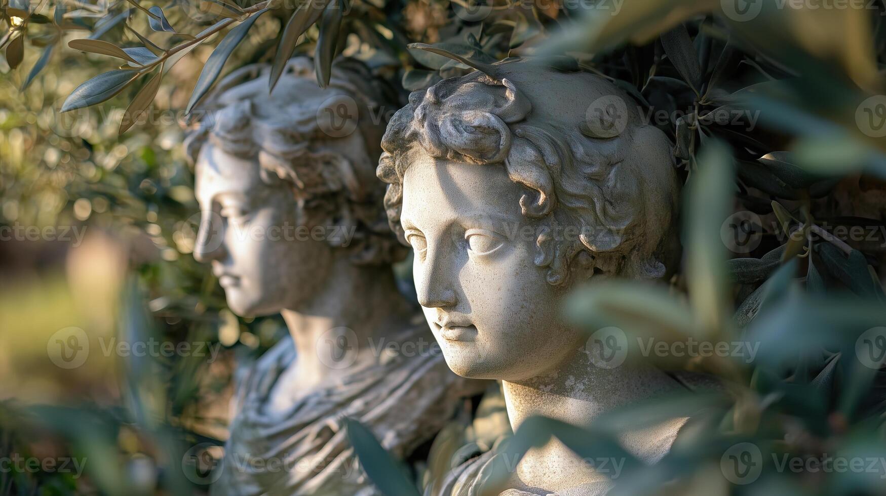 Classical sculptures surrounded by olive branches and foliage photo