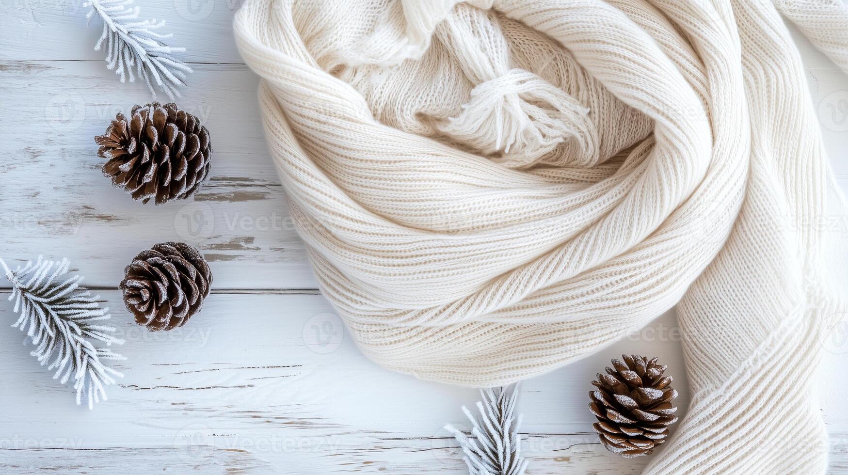 A soft cream scarf drapes alongside frosted pinecones photo