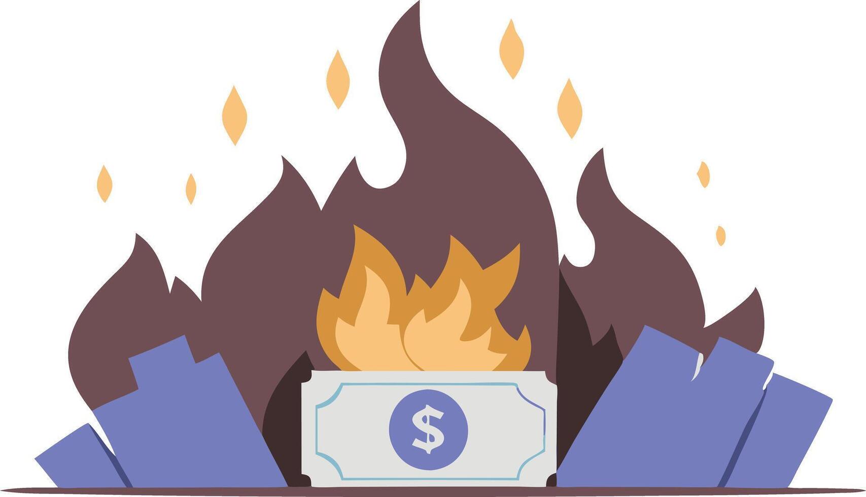 Burning dollar bill in flames, symbolizing financial crisis, money loss, and waste in a modern conceptual design. vector