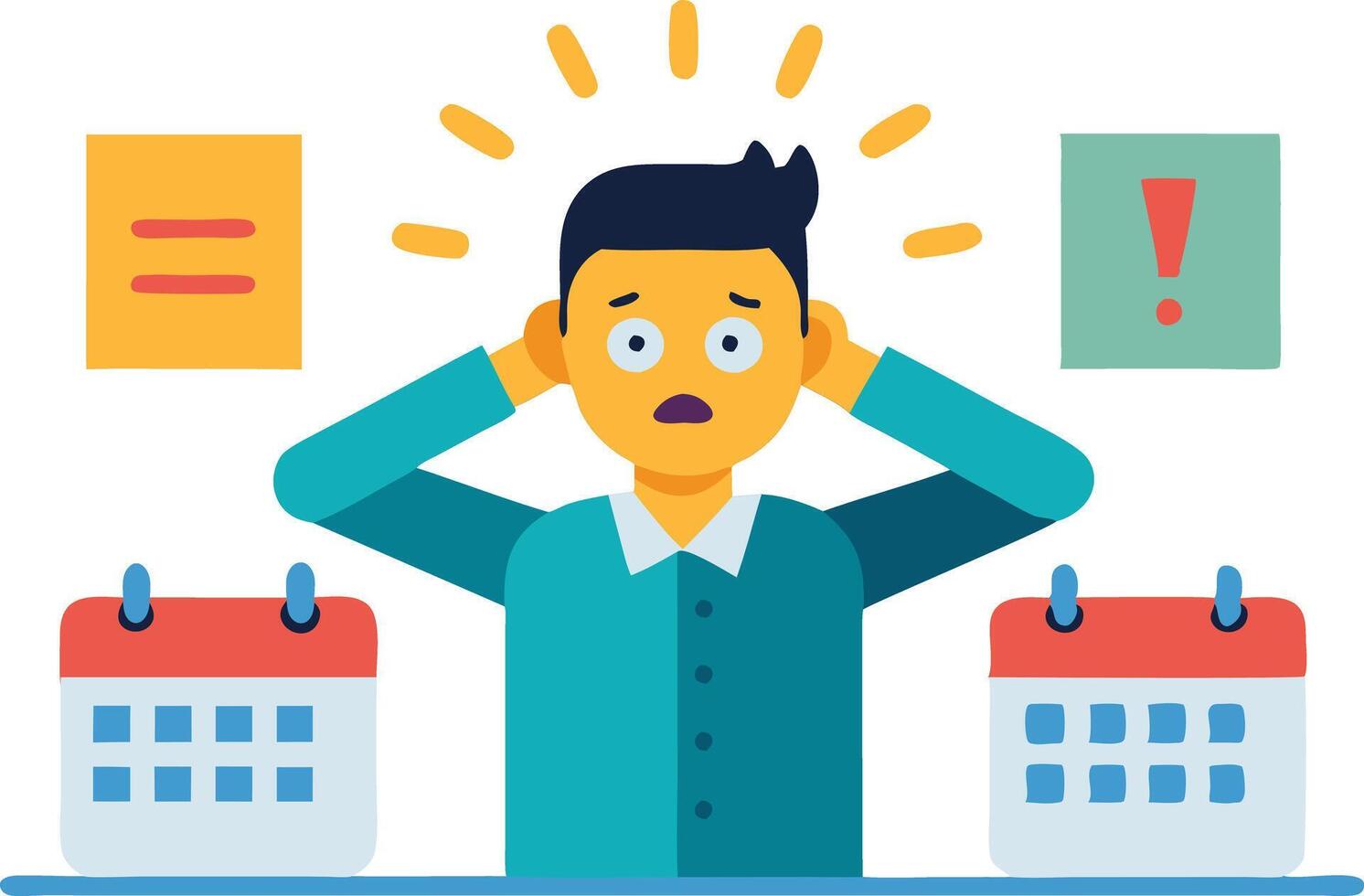 Stressed businessman with two calendars, representing time pressure, deadlines, and workload in a modern office setting. vector