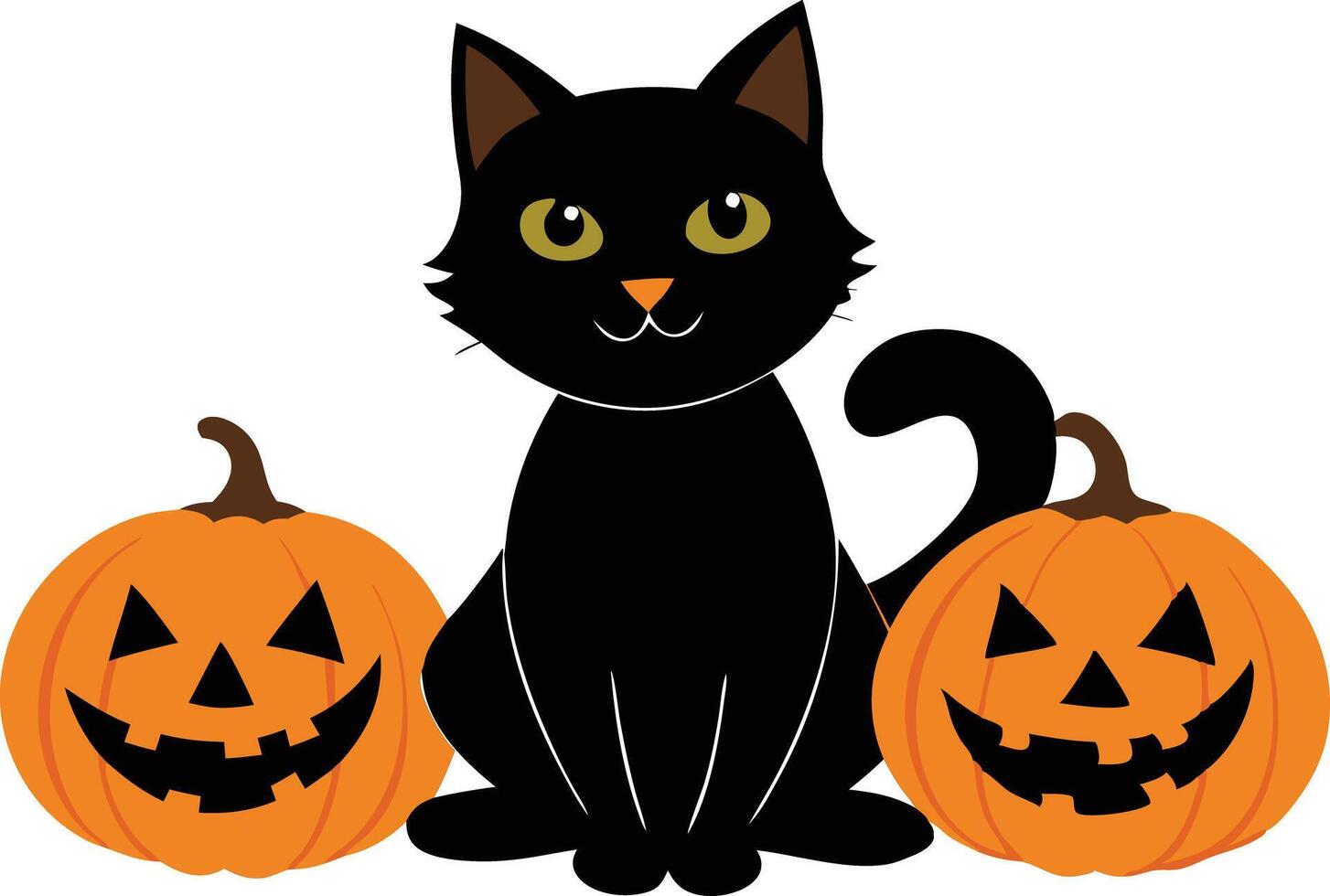 Black cat sitting between two jacko'lanterns, symbolizing Halloween, mystery, and spooky vibes in a playful and festive illustration. vector