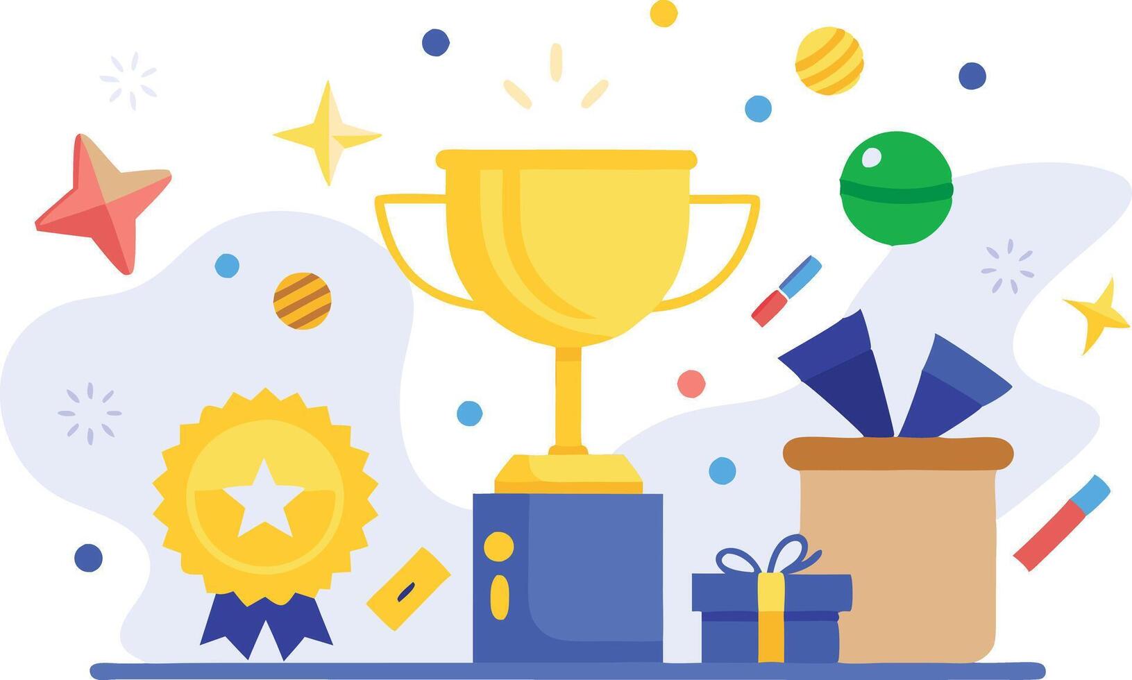 Trophy Cup, Award Ribbon, and Gifts Amid Stars and Confetti, Joyful Celebration of Success and Achievement vector
