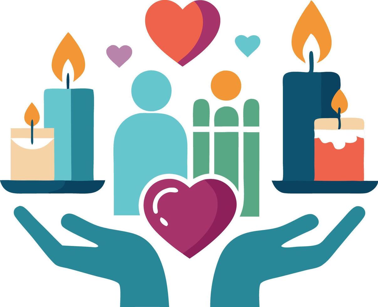 Illustration of hands holding candles and hearts representing care, support, and compassion vector