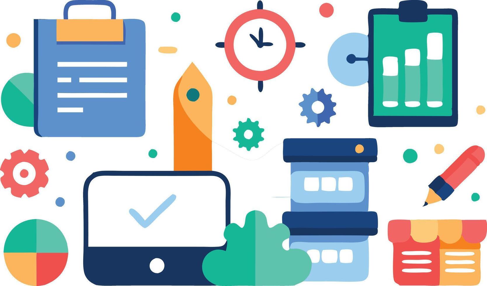 Illustration of various office tools and charts symbolizing productivity and work efficiency vector
