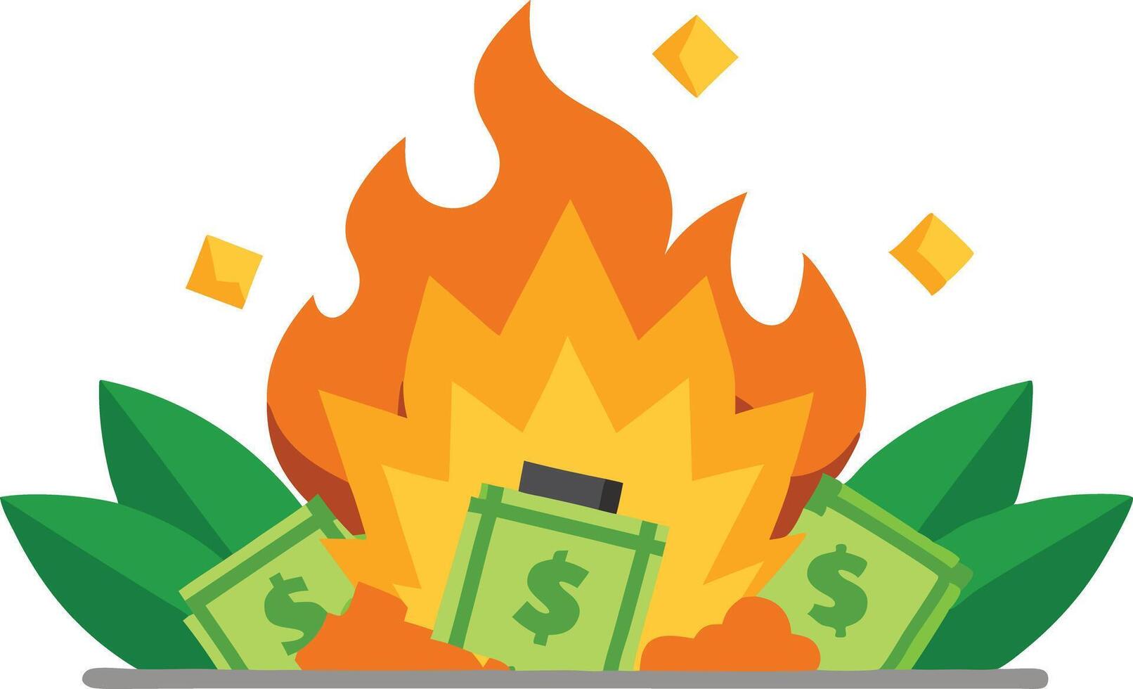 Burning money illustration, representing financial loss, waste, and bad investments in a bold and conceptual design. vector