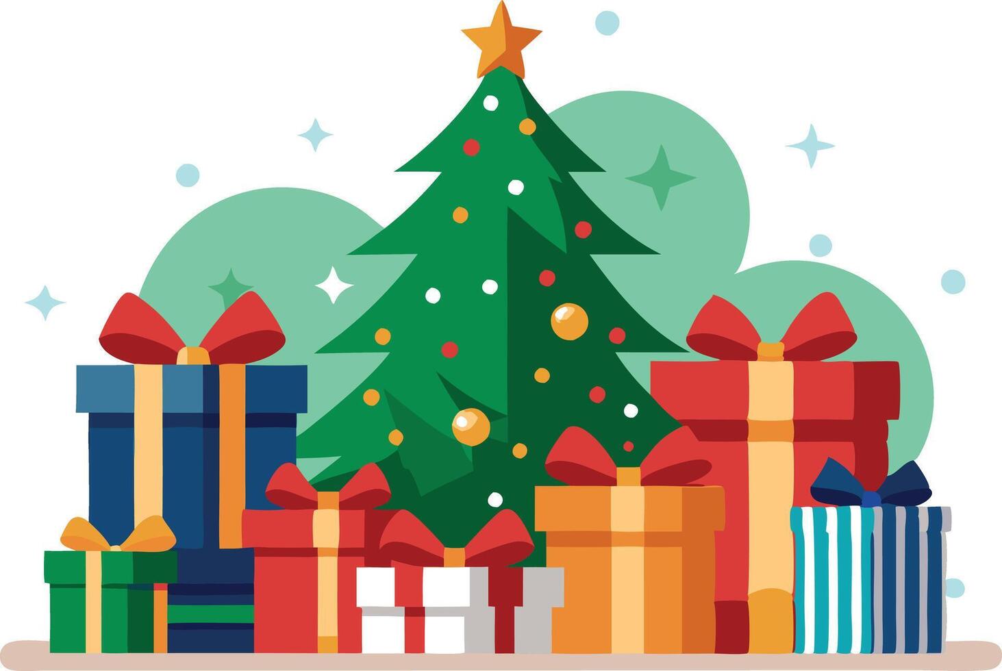 Decorated Christmas tree surrounded by gifts, representing holiday celebration, festive season, and Christmas joy in a colorful and playful design. vector