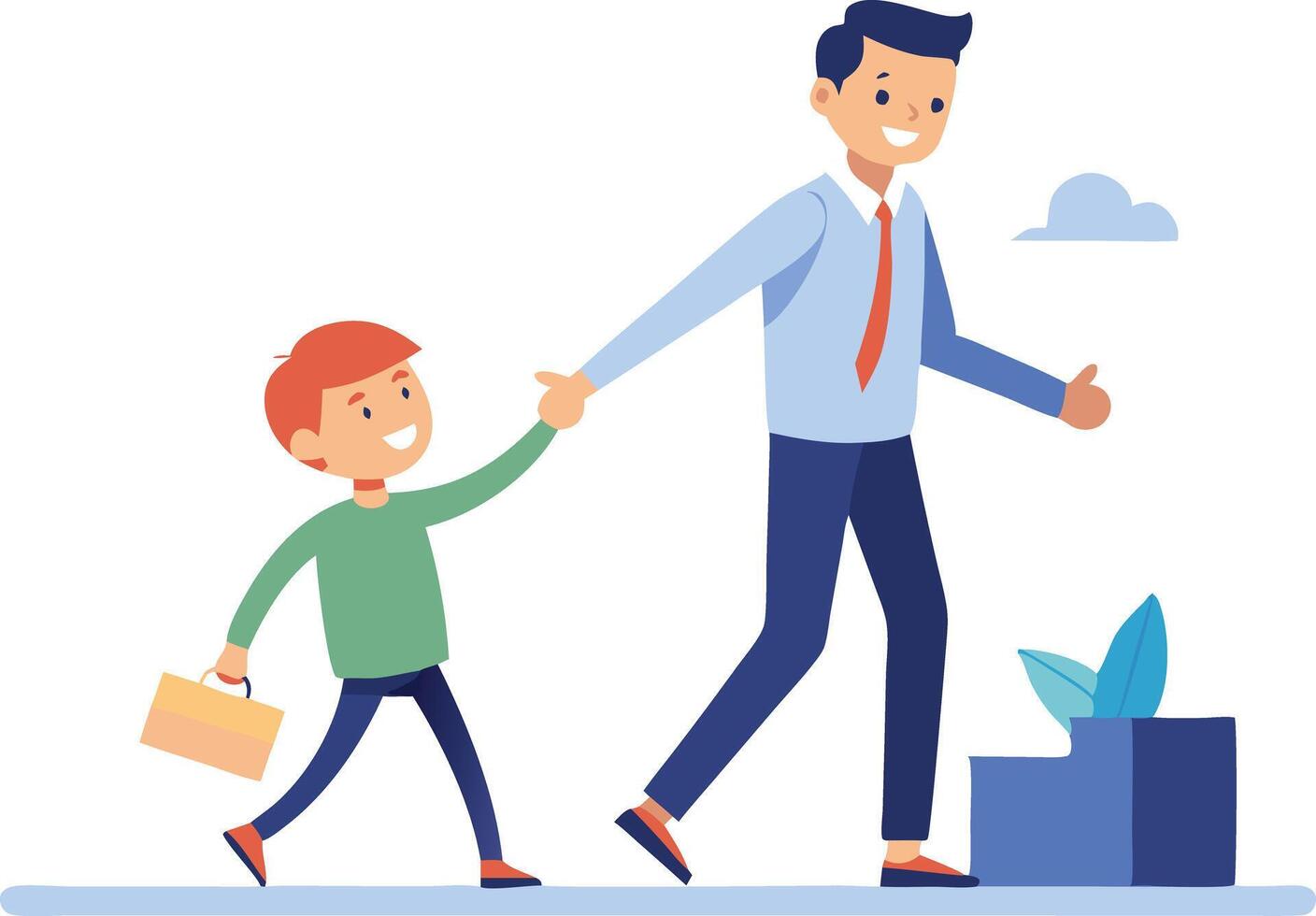 Father and child walking together hand in hand, symbolizing family bonding, parenting, and support in a simple and warmhearted illustration. vector