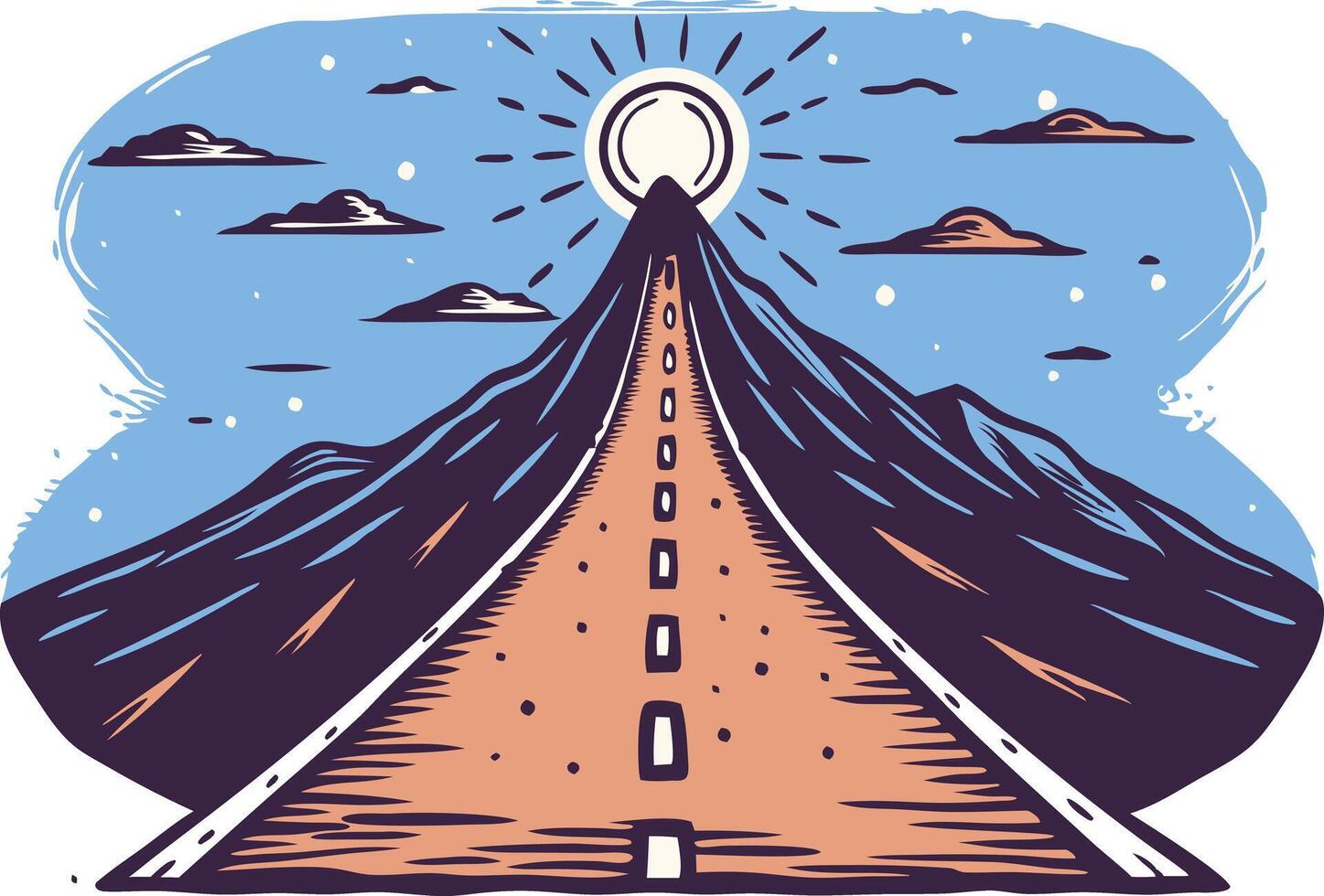 A long road leading toward a bright horizon and mountains, symbolizing hope, adventure, and the pursuit of goals in a dynamic landscape. vector