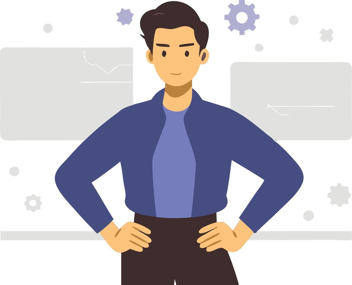 Confident businesswoman standing with hands on hips, symbolizing leadership, confidence, and empowerment in a professional and modern setting. vector