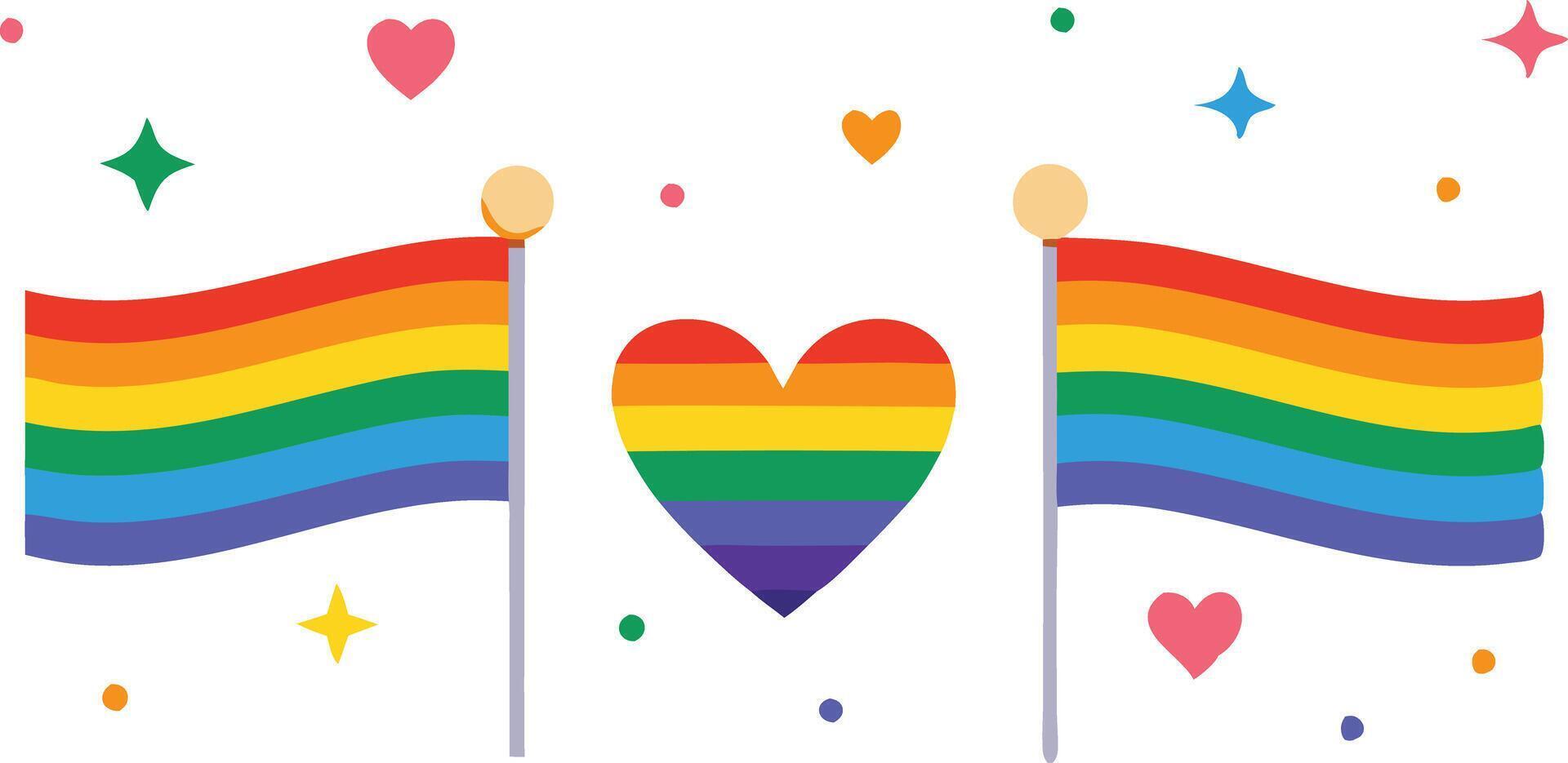 Illustration of two rainbow flags and heart symbolizing LGBTQ pride and celebration vector