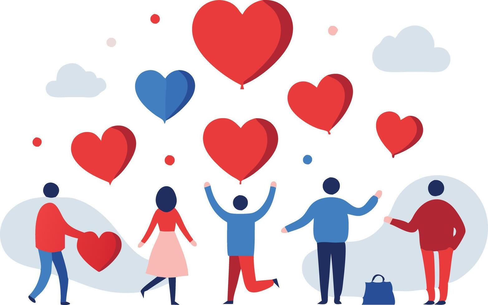 Illustration of people surrounded by floating hearts representing love, joy, and community vector