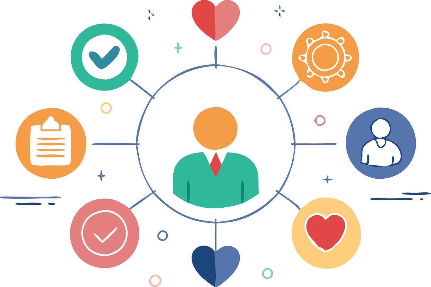 Illustration of a person surrounded by various icons representing personal growth, success, and emotional wellbeing vector