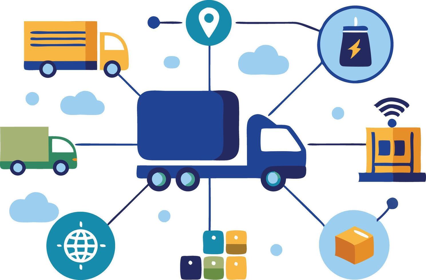 Flat Design of Trucks and Communication Network Icons Representing Technology and Logistics Connectivity vector