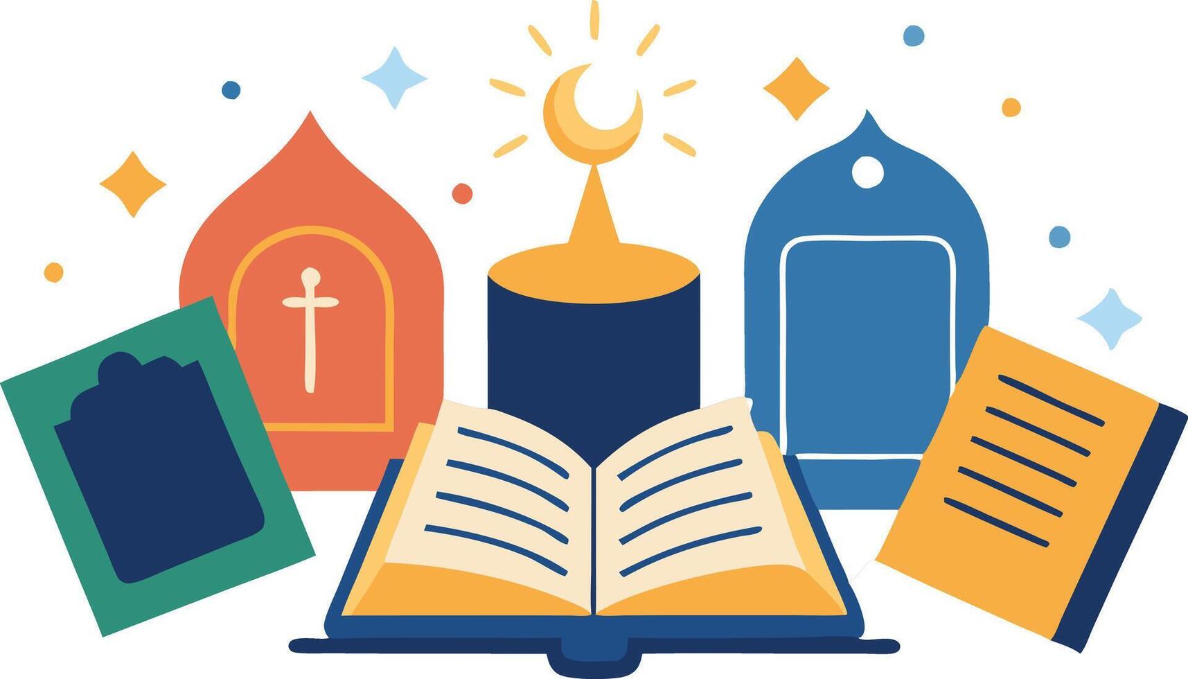 Illustration of religious books, symbols, and mosque representing spirituality, education, and worship vector