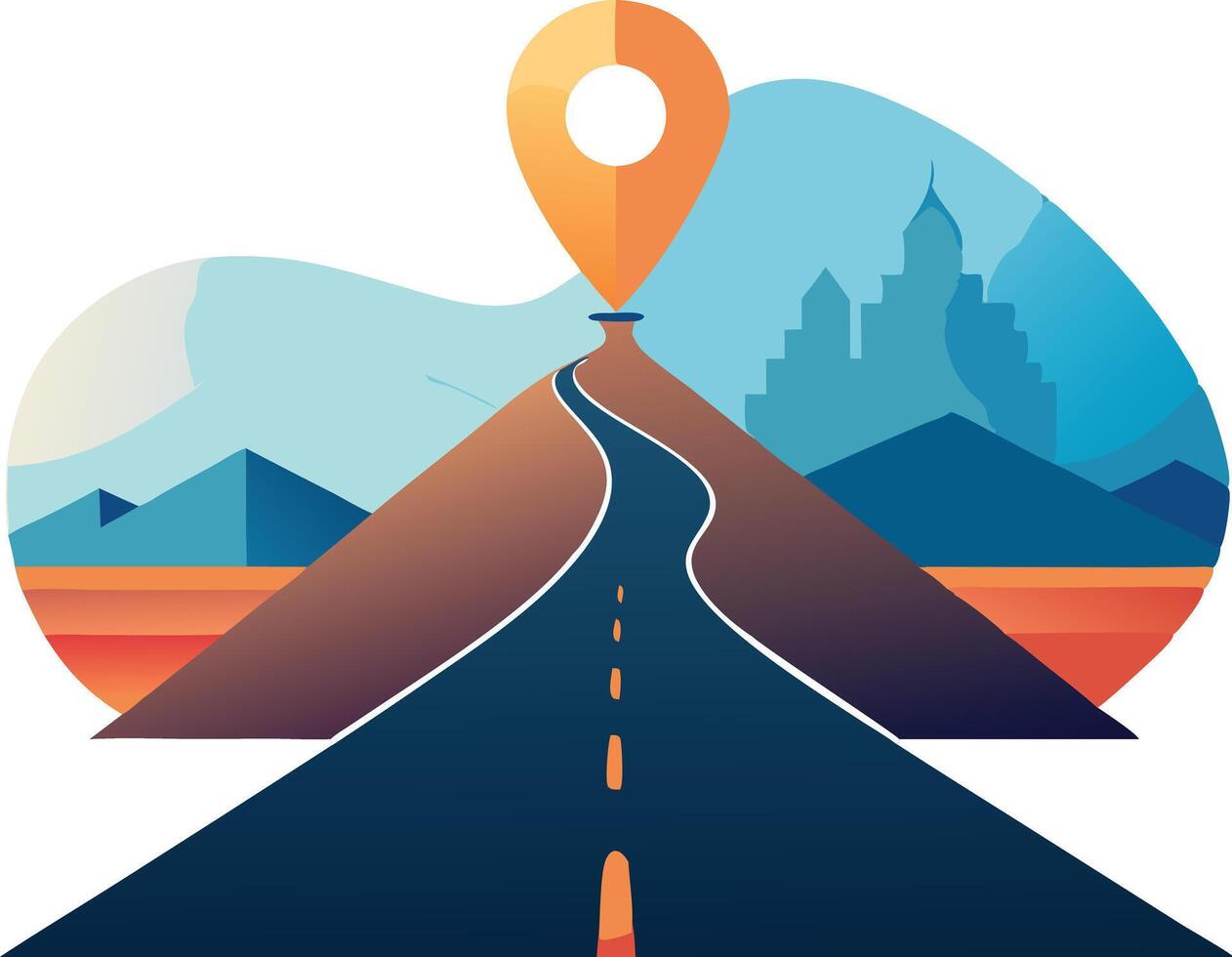 A long road heading toward a distant mountain with a location marker, symbolizing a journey towards achievement and reaching goals in a serene setting. vector