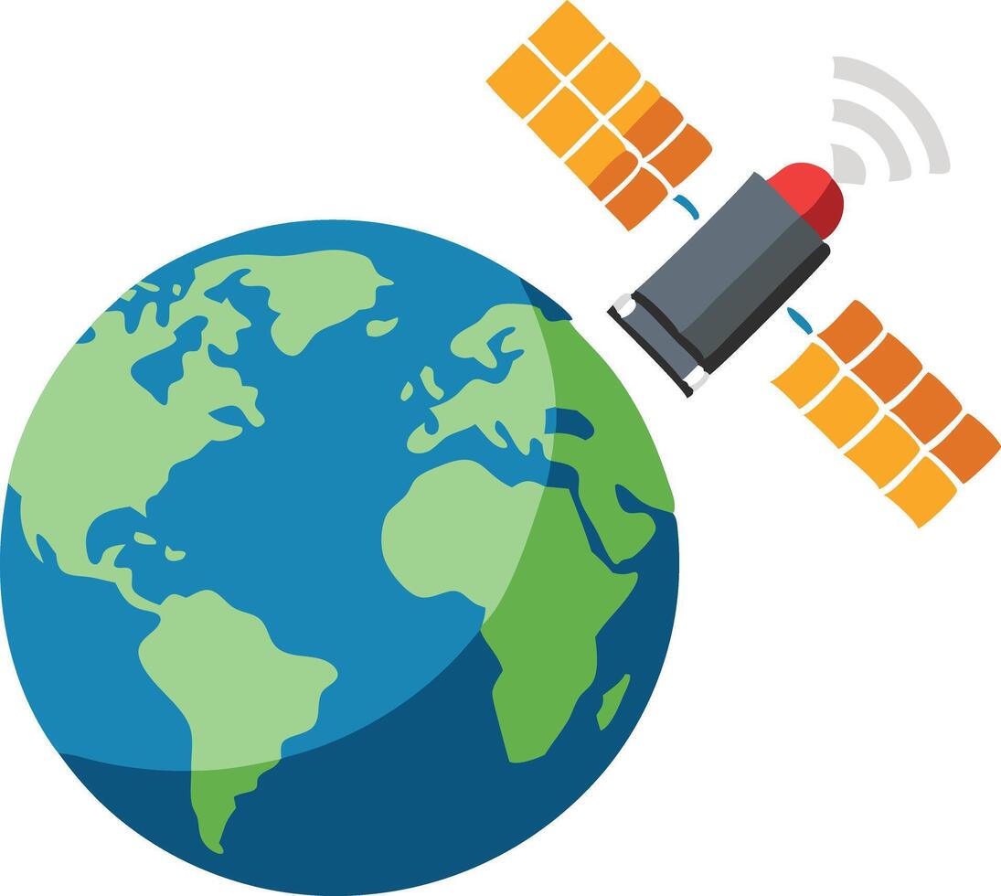 Satellite orbiting Earth, representing global communication, connectivity, and space technology in a modern and colorful illustration. vector