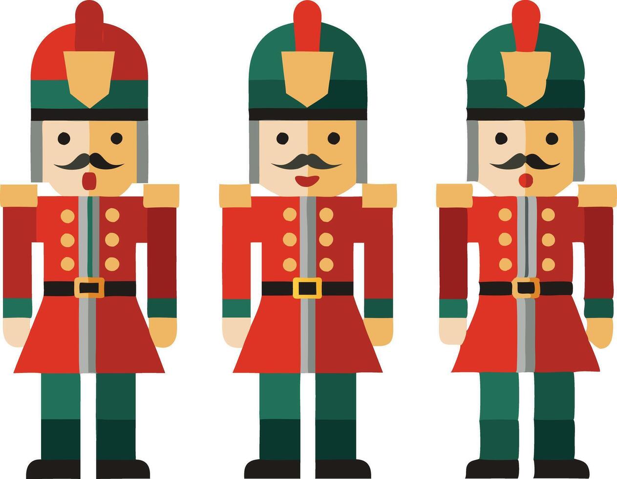 Three Nutcracker Soldiers in Festive Uniforms Standing Upright with a Clean Background, Traditional Christmas Decor vector