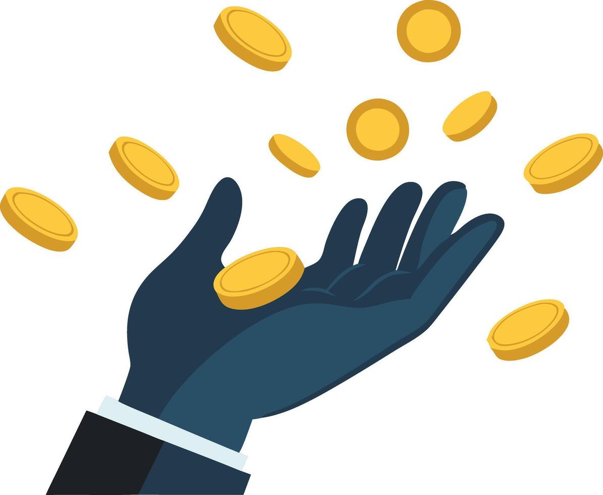 Blue Gloved Hand Tossing Multiple Coins, Simple and Clean Financial or Business Illustration Concept vector