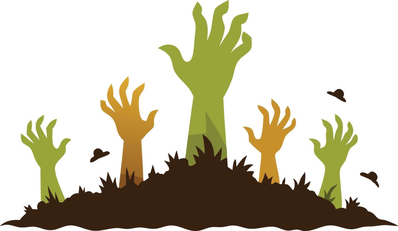 Cartoon illustration of green hands rising from the ground, symbolizing a Halloween horror theme with zombies. vector
