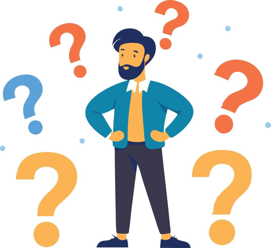 Man surrounded by question marks, symbolizing decisionmaking challenges, uncertainty, and problemsolving in business. vector