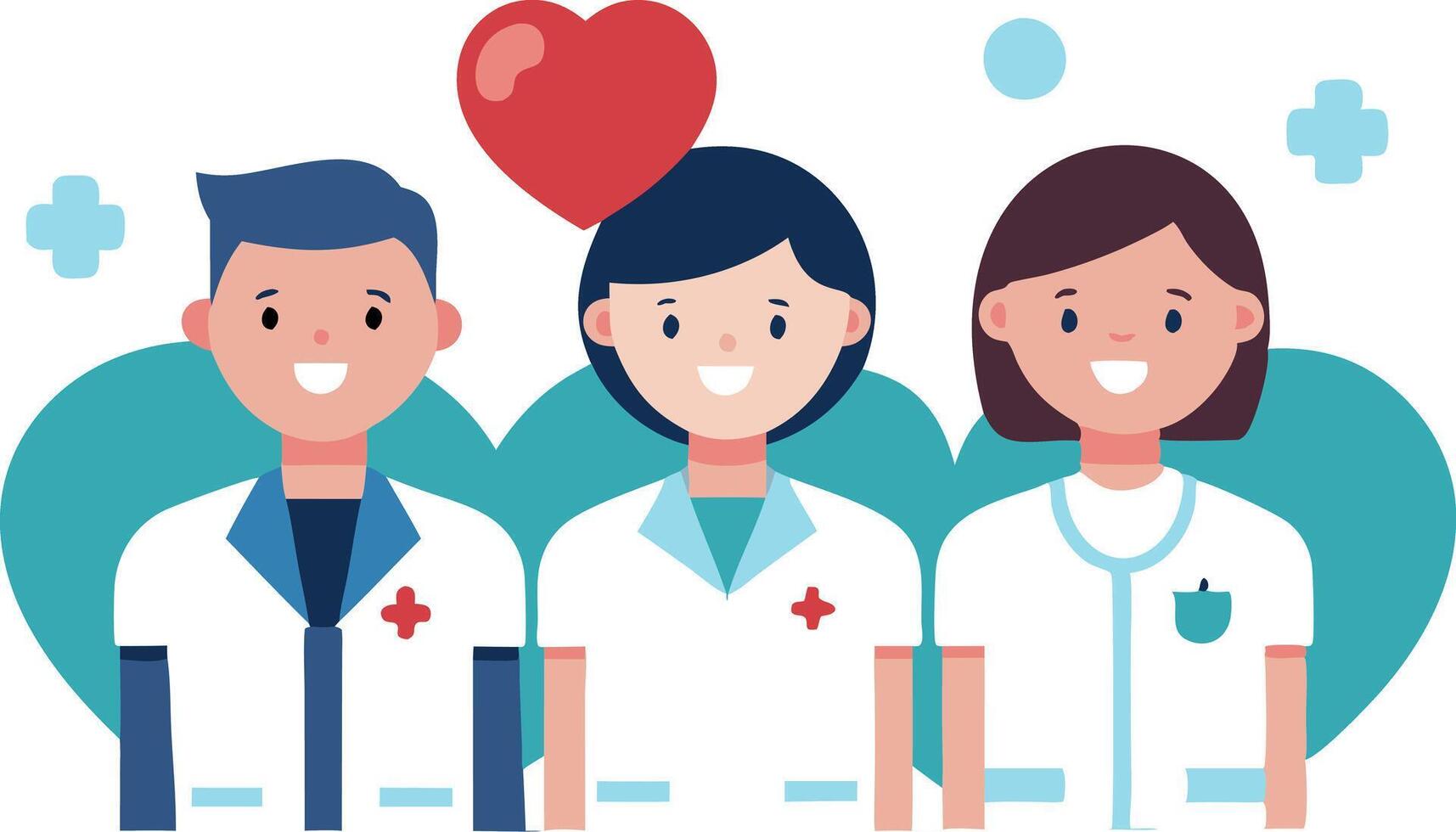Three healthcare professionals standing together, symbolizing teamwork, diversity, and healthcare services in a cheerful and professional illustration. vector